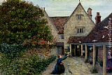 Maria Spartali Stillman Canvas Paintings - Feeding The Doves At Kelmscott Manor, Oxfordshire